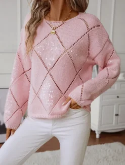 Clearance Women's Sweater Sequins Knit Knitted Geometric Pattern Fall Winter Home Work Casual Long Sleeve Pink Blue Women Pullovers & Tops
