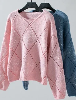 Clearance Women's Sweater Sequins Knit Knitted Geometric Pattern Fall Winter Home Work Casual Long Sleeve Pink Blue Women Pullovers & Tops