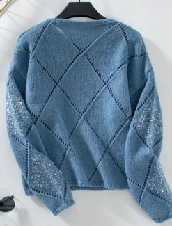 Clearance Women's Sweater Sequins Knit Knitted Geometric Pattern Fall Winter Home Work Casual Long Sleeve Pink Blue Women Pullovers & Tops