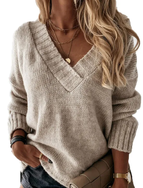 Outlet Women's Sweater Solid Color Casual Long Sleeve Loose Sweater Cardigans V Neck Fall Winter Blue White Black / Holiday Women Pullovers & Tops