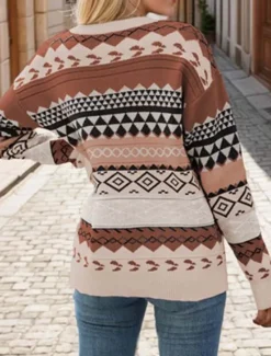 Online Women's Sweater Streetwear Stylish Geometric Color Block Crew Neck Knitted Long Sleeve Regular Tops Knit Outdoor Going out Pink Khaki Fall Winter Women Pullovers & Tops