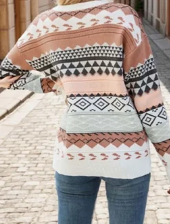 Online Women's Sweater Streetwear Stylish Geometric Color Block Crew Neck Knitted Long Sleeve Regular Tops Knit Outdoor Going out Pink Khaki Fall Winter Women Pullovers & Tops