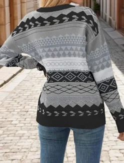 Online Women's Sweater Streetwear Stylish Geometric Color Block Crew Neck Knitted Long Sleeve Regular Tops Knit Outdoor Going out Pink Khaki Fall Winter Women Pullovers & Tops