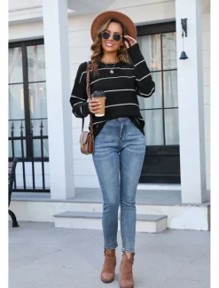 Clearance Women's Sweater Stylish Basic Striped Ribbed Crew Neck Stripe Long Sleeve Long Tops Knit Work Black White Spring Fall Women Pullovers & Tops