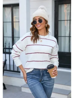 Clearance Women's Sweater Stylish Basic Striped Ribbed Crew Neck Stripe Long Sleeve Long Tops Knit Work Black White Spring Fall Women Pullovers & Tops