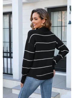Clearance Women's Sweater Stylish Basic Striped Ribbed Crew Neck Stripe Long Sleeve Long Tops Knit Work Black White Spring Fall Women Pullovers & Tops
