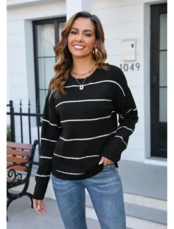 Clearance Women's Sweater Stylish Basic Striped Ribbed Crew Neck Stripe Long Sleeve Long Tops Knit Work Black White Spring Fall Women Pullovers & Tops
