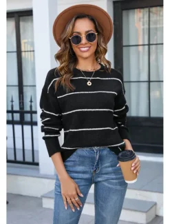 Clearance Women's Sweater Stylish Basic Striped Ribbed Crew Neck Stripe Long Sleeve Long Tops Knit Work Black White Spring Fall Women Pullovers & Tops