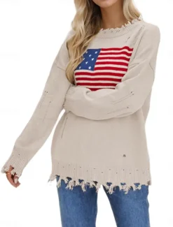 Women's Sweater Stylish Casual Solid Color Crew Neck Print Drop Shoulder Long Sleeve Long Tops Knit Daily Going out Navy Blue Beige Fall Winter Women Pullovers & Tops