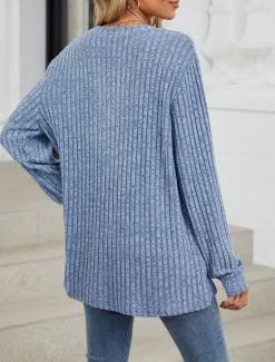 Clearance Women's Sweater Stylish Casual Solid Color Ribbed V Neck Buttons Long Sleeve Regular Tops Knit Daily Pink Blue Spring Fall Women Pullovers & Tops