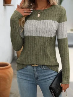 New Women's Sweater Stylish Color Block Ribbed Crew Neck Print Long Sleeve Regular Tops Knit Work Black Pink Spring Fall Women Pullovers & Tops