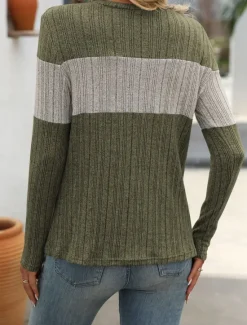 New Women's Sweater Stylish Color Block Ribbed Crew Neck Print Long Sleeve Regular Tops Knit Work Black Pink Spring Fall Women Pullovers & Tops