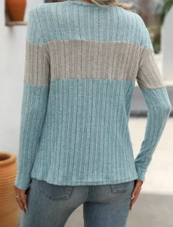 New Women's Sweater Stylish Color Block Ribbed Crew Neck Print Long Sleeve Regular Tops Knit Work Black Pink Spring Fall Women Pullovers & Tops