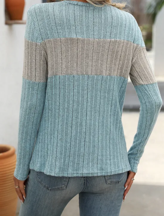 New Women's Sweater Stylish Color Block Ribbed Crew Neck Print Long Sleeve Regular Tops Knit Work Black Pink Spring Fall Women Pullovers & Tops