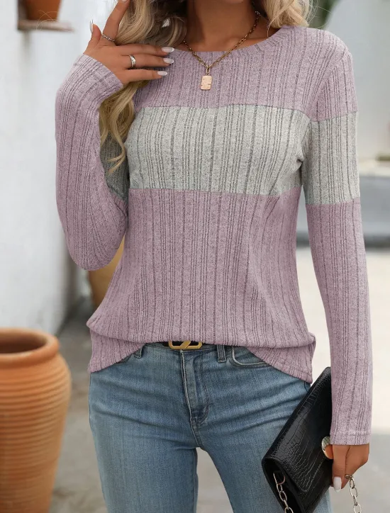 New Women's Sweater Stylish Color Block Ribbed Crew Neck Print Long Sleeve Regular Tops Knit Work Black Pink Spring Fall Women Pullovers & Tops