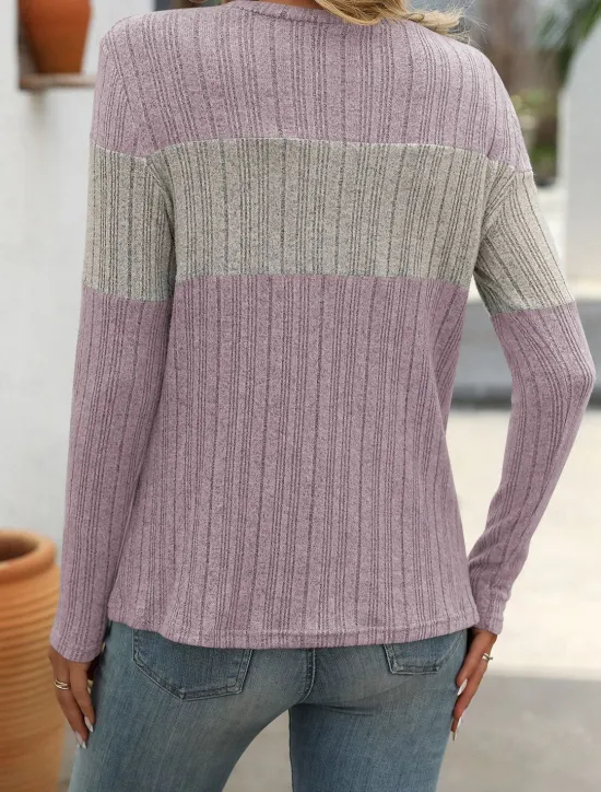 New Women's Sweater Stylish Color Block Ribbed Crew Neck Print Long Sleeve Regular Tops Knit Work Black Pink Spring Fall Women Pullovers & Tops