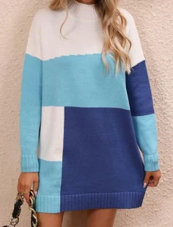 Discount Women's Sweater Stylish Color Block Mock Neck Crewneck Long Sleeve Long Tops Knit Work Red Brown Blue Fall Winter Women Pullovers & Tops