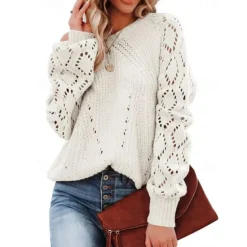 Outlet Women's Sweater Stylish Solid Color Crochet One Shoulder Knitted Half Sleeve Regular Tops Knit Daily White Pink Spring Fall Women Pullovers & Tops