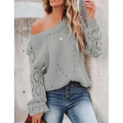Outlet Women's Sweater Stylish Solid Color Crochet One Shoulder Knitted Half Sleeve Regular Tops Knit Daily White Pink Spring Fall Women Pullovers & Tops