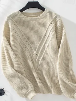 Clearance Women's Sweater Stylish Solid Color Ribbed Crew Neck Knitted Lantern Sleeve Long Sleeve Long Tops Knit Work Daily White Beige Fall Winter Women Pullovers & Tops