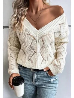 New Women's Sweater Stylish Solid Color V Neck Hollow Out Long Sleeve Regular Tops Knit Work Black Green Fall Winter Women Pullovers & Tops
