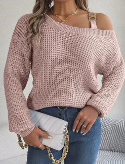 Clearance Women's Sweater Stylish Solid Color Ribbed One Shoulder Cold Shoulder Long Sleeve Regular Tops Knit Daily White Pink Spring Fall Women Pullovers & Tops