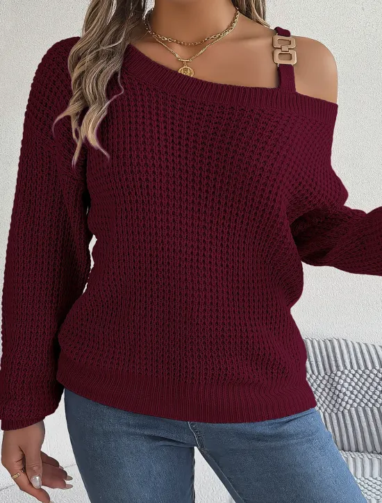 Clearance Women's Sweater Stylish Solid Color Ribbed One Shoulder Cold Shoulder Long Sleeve Regular Tops Knit Daily White Pink Spring Fall Women Pullovers & Tops