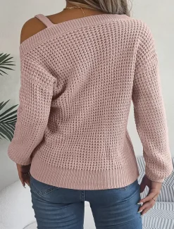 Clearance Women's Sweater Stylish Solid Color Ribbed One Shoulder Cold Shoulder Long Sleeve Regular Tops Knit Daily White Pink Spring Fall Women Pullovers & Tops