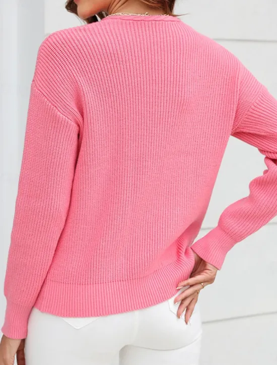 Online Women's Sweater Stylish Solid Color Crochet V Neck Braided Long Sleeve Regular Tops Knit Work Black Pink Spring Fall Women Pullovers & Tops