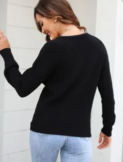 Online Women's Sweater Stylish Solid Color Crochet V Neck Braided Long Sleeve Regular Tops Knit Work Black Pink Spring Fall Women Pullovers & Tops