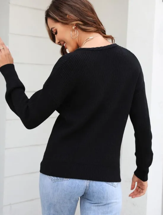 Online Women's Sweater Stylish Solid Color Crochet V Neck Braided Long Sleeve Regular Tops Knit Work Black Pink Spring Fall Women Pullovers & Tops