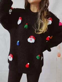 Discount Women's Sweater Ugly Sweater Casual Soft Santa Claus Ribbed Crew Neck Knitted Long Sleeve Regular Tops Knit Outdoor Daily Weekend Black Fall Winter Women Pullovers & Tops