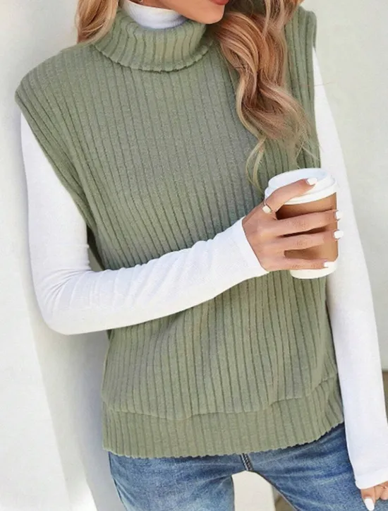 Clearance Women's Sweater Vest Casual Soft Solid Color Ribbed Turtleneck Split Knitted Sleeveless Regular Tops Knit Outdoor Daily Weekend Khaki Fall Winter Women Pullovers & Tops