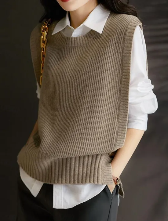New Women's Sweater Vest Stylish Casual Soft Solid Color Ribbed Crew Neck Buttons Oversized Sleeveless Knit Outdoor Daily Going out Brown Khaki Summer Fall Women Pullovers & Tops