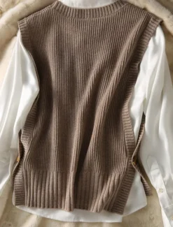New Women's Sweater Vest Stylish Casual Soft Solid Color Ribbed Crew Neck Buttons Oversized Sleeveless Knit Outdoor Daily Going out Brown Khaki Summer Fall Women Pullovers & Tops