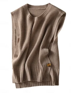 New Women's Sweater Vest Stylish Casual Soft Solid Color Ribbed Crew Neck Buttons Oversized Sleeveless Knit Outdoor Daily Going out Brown Khaki Summer Fall Women Pullovers & Tops