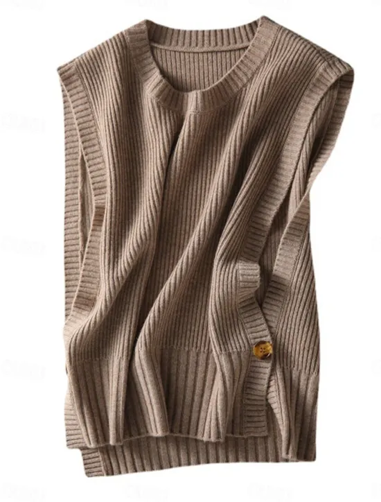 New Women's Sweater Vest Stylish Casual Soft Solid Color Ribbed Crew Neck Buttons Oversized Sleeveless Knit Outdoor Daily Going out Brown Khaki Summer Fall Women Pullovers & Tops