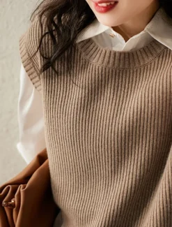 New Women's Sweater Vest Stylish Casual Soft Solid Color Ribbed Crew Neck Buttons Oversized Sleeveless Knit Outdoor Daily Going out Brown Khaki Summer Fall Women Pullovers & Tops