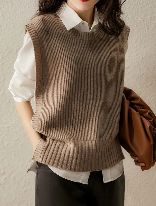New Women's Sweater Vest Stylish Casual Soft Solid Color Ribbed Crew Neck Buttons Oversized Sleeveless Knit Outdoor Daily Going out Brown Khaki Summer Fall Women Pullovers & Tops