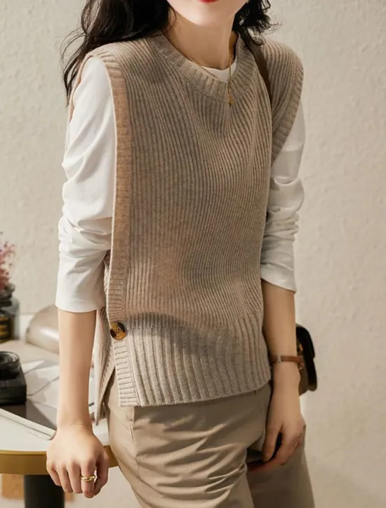 New Women's Sweater Vest Stylish Casual Soft Solid Color Ribbed Crew Neck Buttons Oversized Sleeveless Knit Outdoor Daily Going out Brown Khaki Summer Fall Women Pullovers & Tops