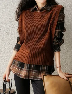 New Women's Sweater Vest Stylish Casual Soft Solid Color Ribbed Crew Neck Buttons Oversized Sleeveless Knit Outdoor Daily Going out Brown Khaki Summer Fall Women Pullovers & Tops