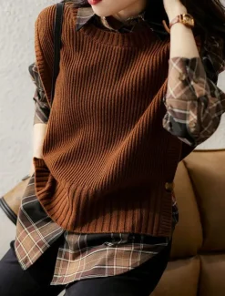 New Women's Sweater Vest Stylish Casual Soft Solid Color Ribbed Crew Neck Buttons Oversized Sleeveless Knit Outdoor Daily Going out Brown Khaki Summer Fall Women Pullovers & Tops