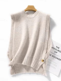 New Women's Sweater Vest Stylish Casual Soft Solid Color Ribbed Crew Neck Buttons Oversized Sleeveless Knit Outdoor Daily Going out Brown Khaki Summer Fall Women Pullovers & Tops