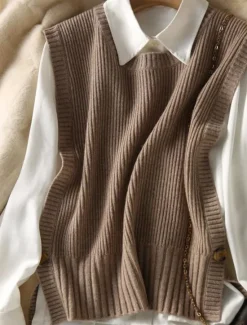New Women's Sweater Vest Stylish Casual Soft Solid Color Ribbed Crew Neck Buttons Oversized Sleeveless Knit Outdoor Daily Going out Brown Khaki Summer Fall Women Pullovers & Tops