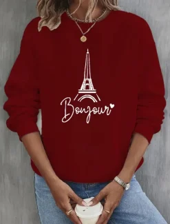 Online Women's Sweatshirt Burgundy Hoodie Pullover 100% Cotton Graphic Letter Street Casual Vintage Basic Round Neck Long Sleeve Top Micro-elastic Fall & Winter Comfrt Breathable Soft Fabric Women Hoodies & Sweatshirts