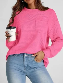 Discount Women's Sweatshirt Casual Street Dailywear Crew Neck Pocket Long Sleeve Black Fuchsia Green Gray Fall Winter Women Hoodies & Sweatshirts