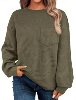 Discount Women's Sweatshirt Casual Street Dailywear Crew Neck Pocket Long Sleeve Black Fuchsia Green Gray Fall Winter Women Hoodies & Sweatshirts