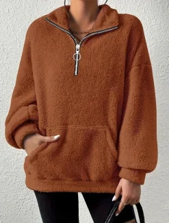 Women's Sweatshirt Casual Sherpa Fleece Plain Street Dailywear Turtleneck Pocket Half Zip Long Sleeve Brown Beige Gray Fall Winter Women Hoodies & Sweatshirts