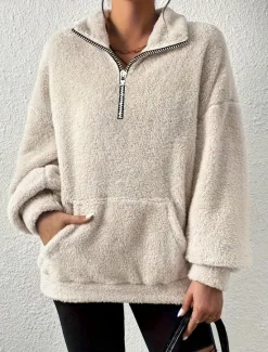 Women's Sweatshirt Casual Sherpa Fleece Plain Street Dailywear Turtleneck Pocket Half Zip Long Sleeve Brown Beige Gray Fall Winter Women Hoodies & Sweatshirts