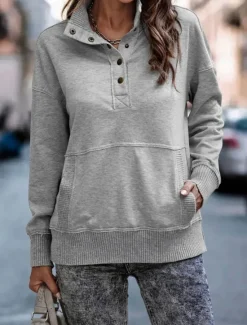 Discount Women's Sweatshirt Casual Plain Street Dailywear Turtleneck Buttons Long Sleeve White Pink Gray Fall Winter Women Hoodies & Sweatshirts